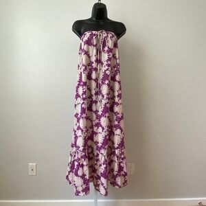 Miguelina Large Purple Floral Strapless Maxi Dress Tiered Cotton Beach Sundress
